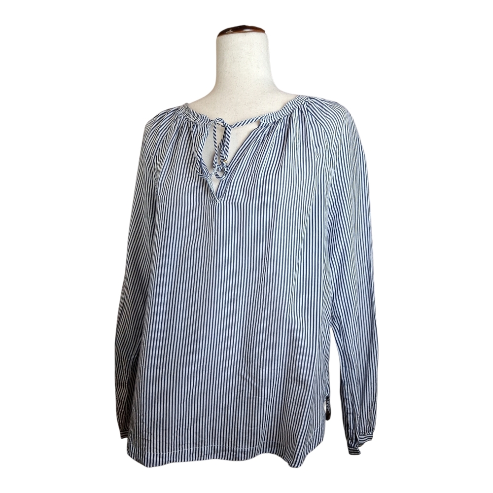 J Crew Women's Cotton Silk Blend Blue And White Striped V-Neck Top 10